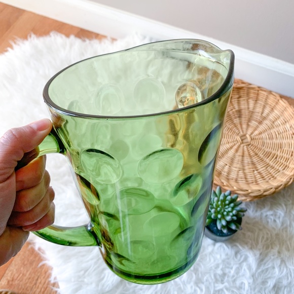 VTG MCM Green Emerald Glass "Thumbprint" Pitcher - Picture 3 of 7